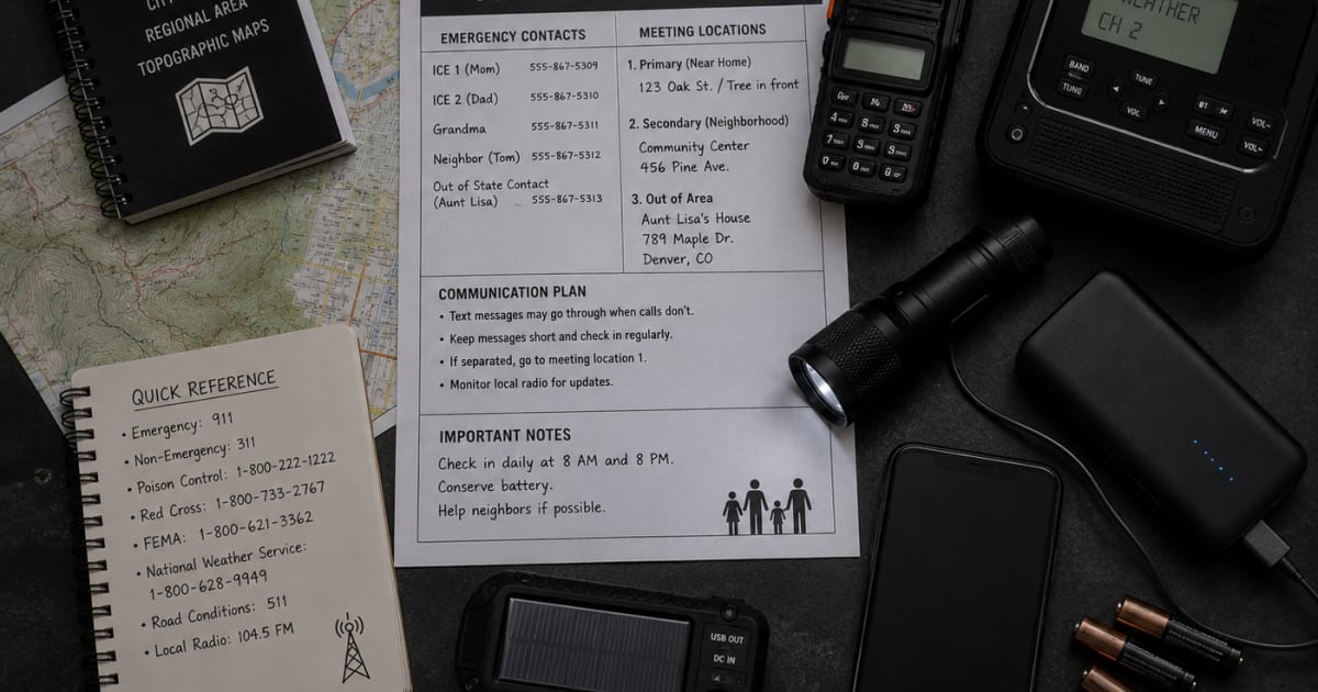Family emergency communication plan with printed contacts offline maps and backup devices on dark surface