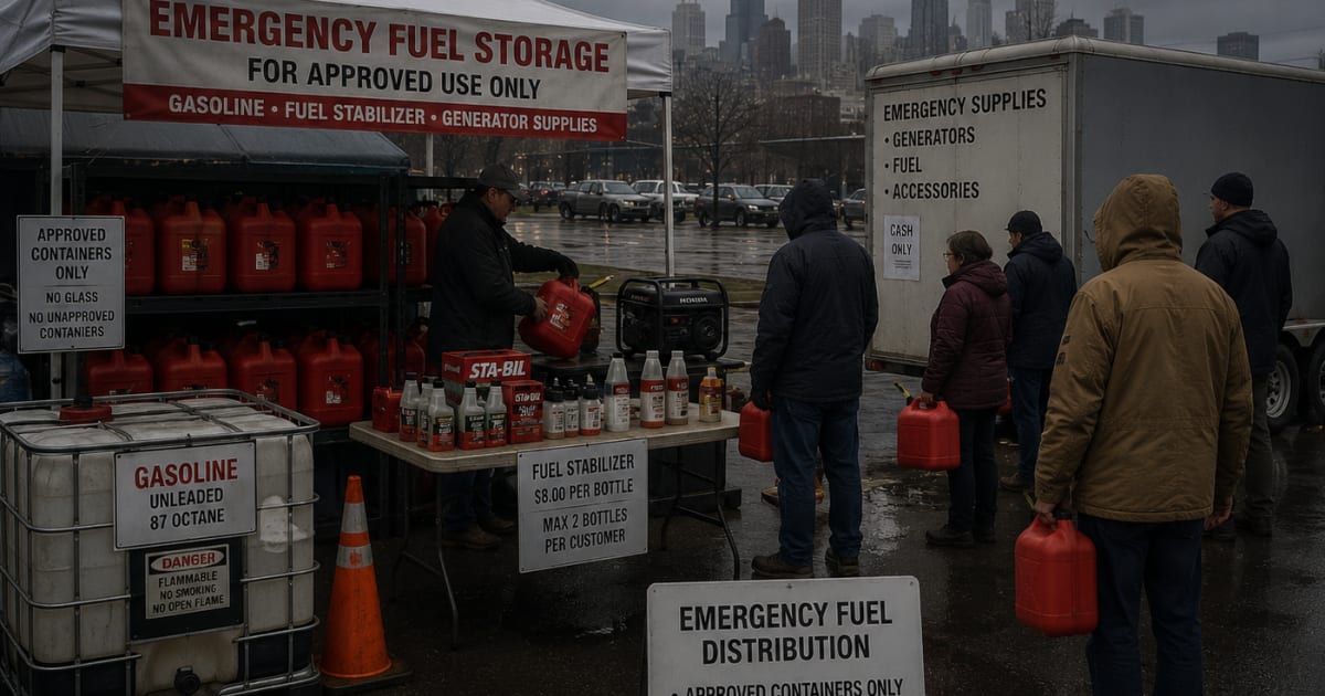 Emergency fuel storage setup with approved gasoline containers fuel stabilizer and generator supplies