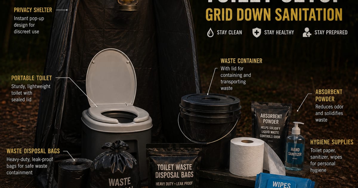 Portable emergency toilet setup with waste disposal bags and privacy shelter for grid down sanitation