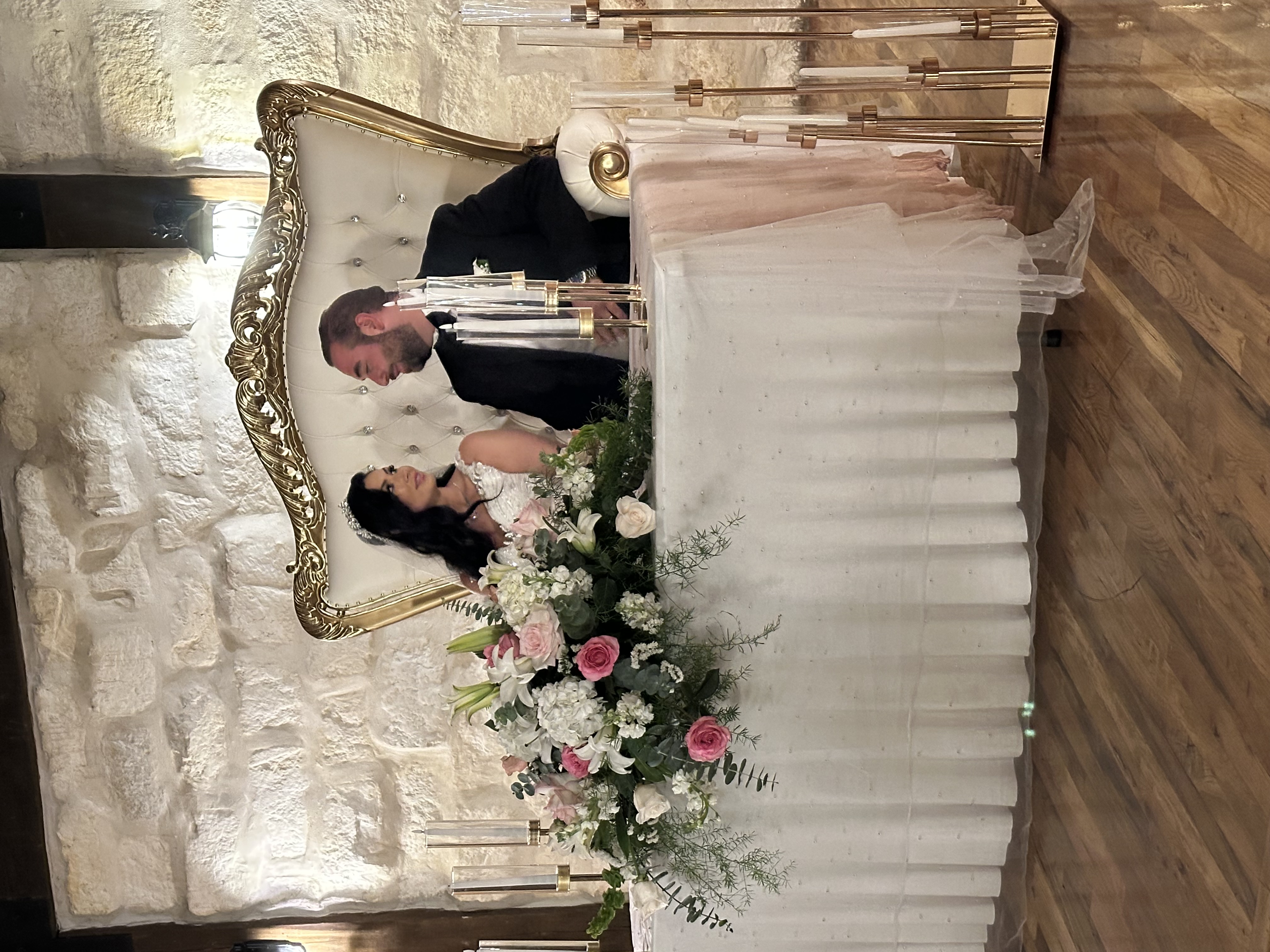 Wedding reception DJ booth with lighting towers