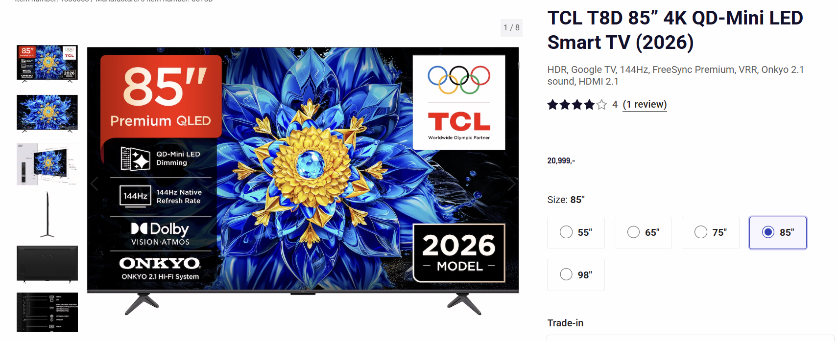 TCL T8D 85” 4K QD-Mini LED Smart TV (2026)