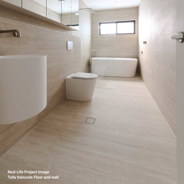 Tufa Veincut Travertine Look Floor & Wall Tile installed