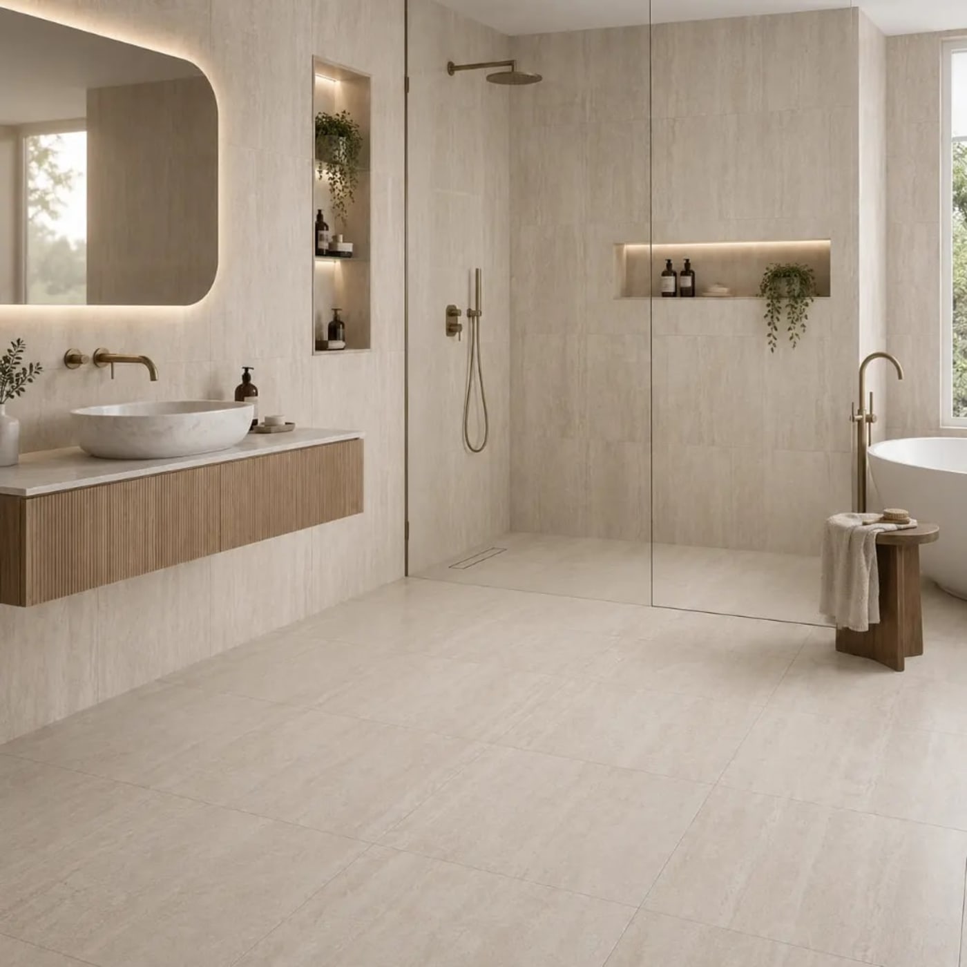Travertine Bianco vein-cut porcelain styled in a warm interior.