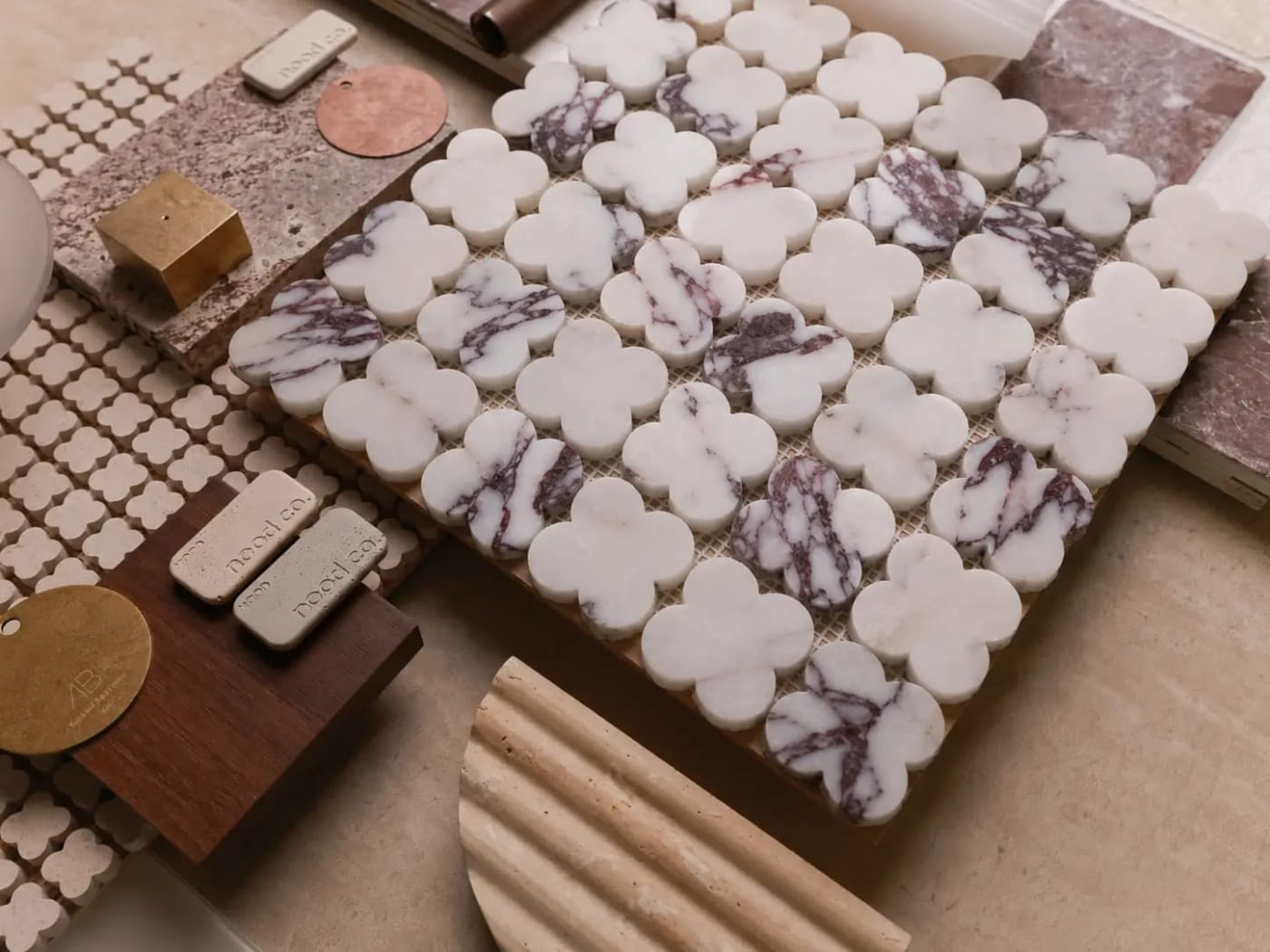 Alhambra Flower Viola marble mosaic sheet, flatlay.