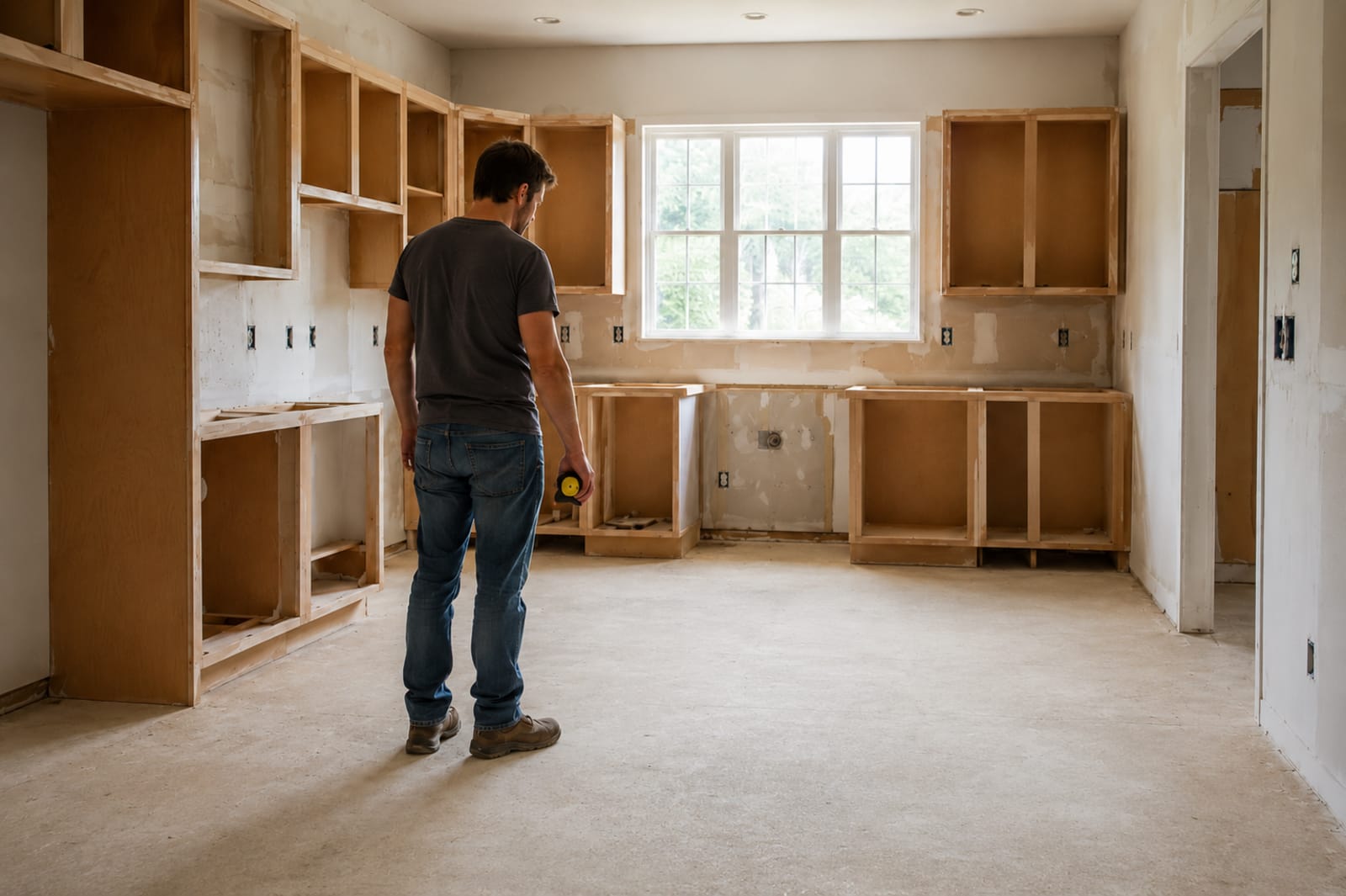 A renovator with a tape measure in a bare, mid-renovation Australian kitchen, planning how many tiles the new floor will need.