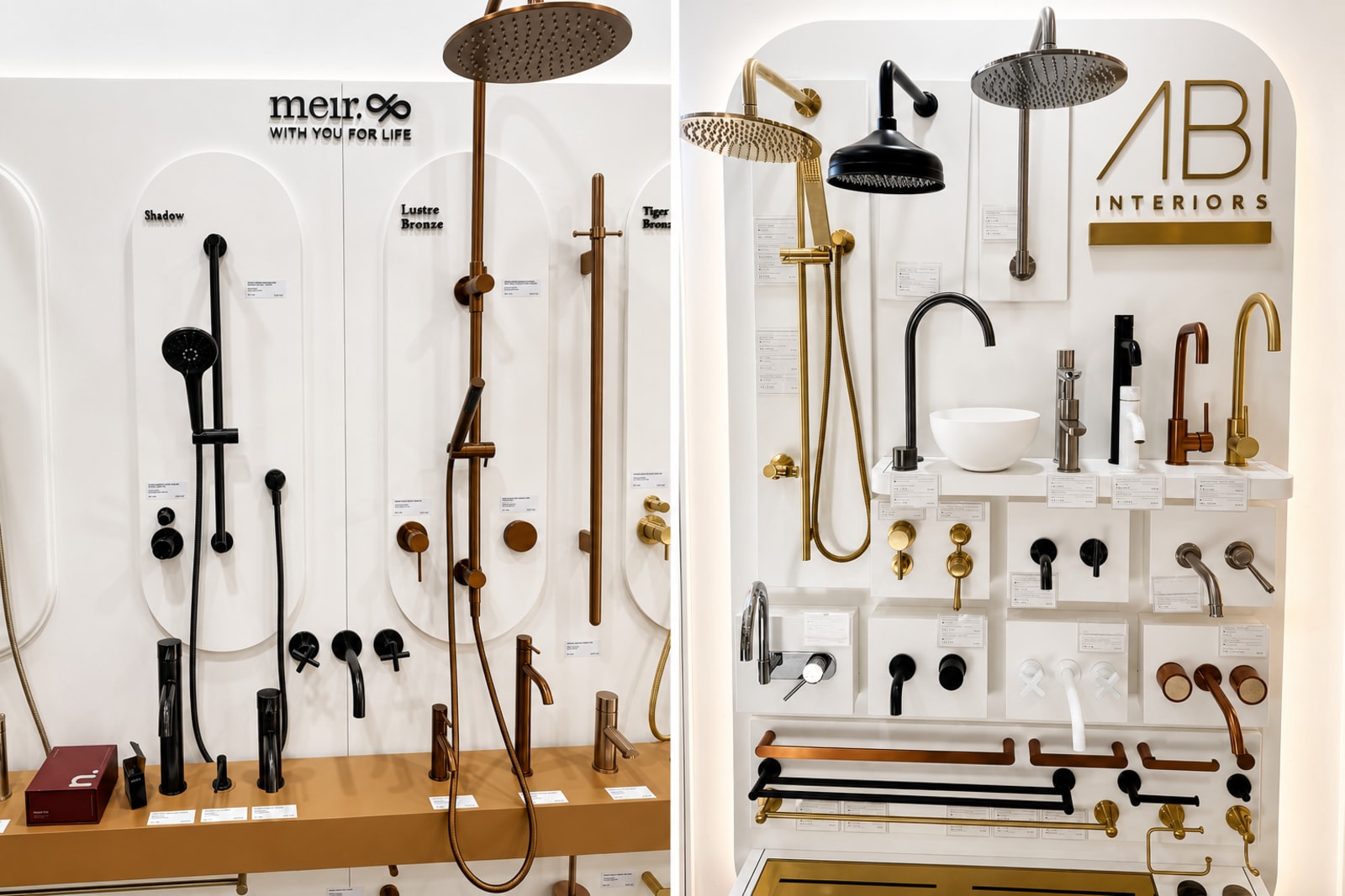 Meir and ABI Interiors designer tapware finishes, brushed brass and matte black, styled against warm stone-look tiles in an Australian bathroom.