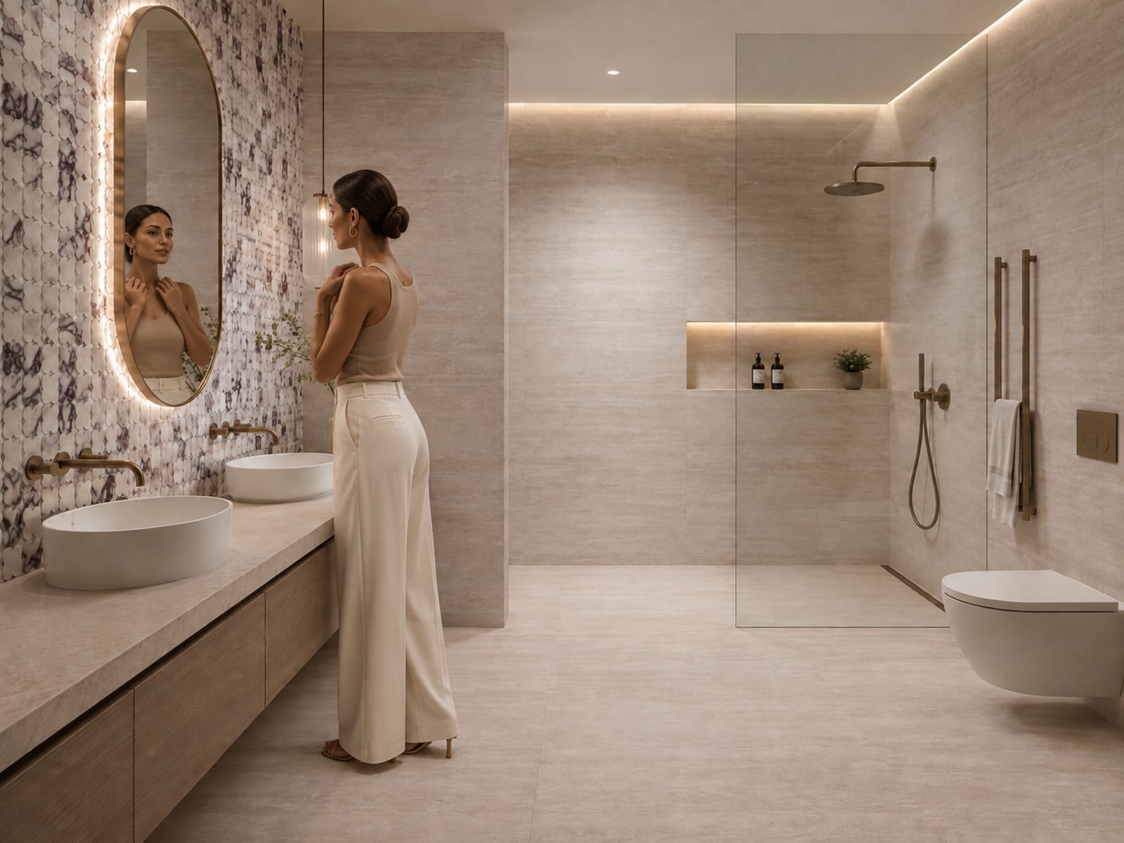 Travertine Bianco vein-cut porcelain and Alhambra Flower Viola marble mosaic together.