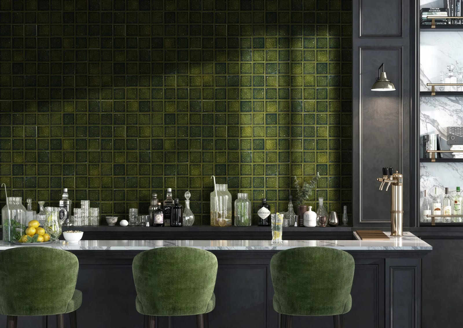 Kazoku Hatsu hand-glazed Japanese mosaic tiles in Oribe green, showing the wabi-sabi colour variation of a handcrafted feature wall.