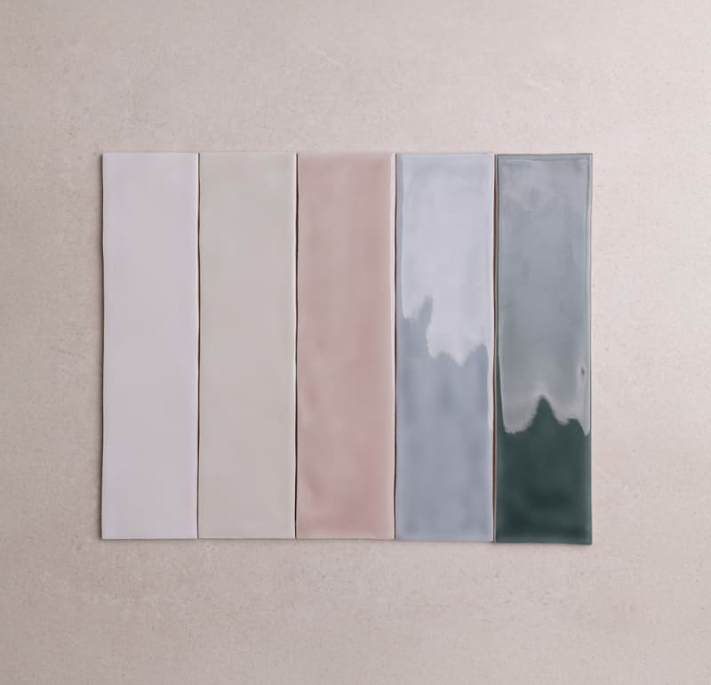 Aura Series gloss ceramic wall tile in soft contemporary colours on a feature wall in an Australian home.