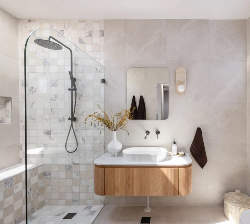 Ivory Stone stone-look porcelain floor and wall tile in a warm neutral tone in an Australian interior.