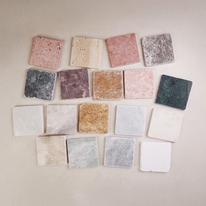 Tumbled natural marble mosaic tiles 100x100mm in warm stone tones for a feature floor or splashback.