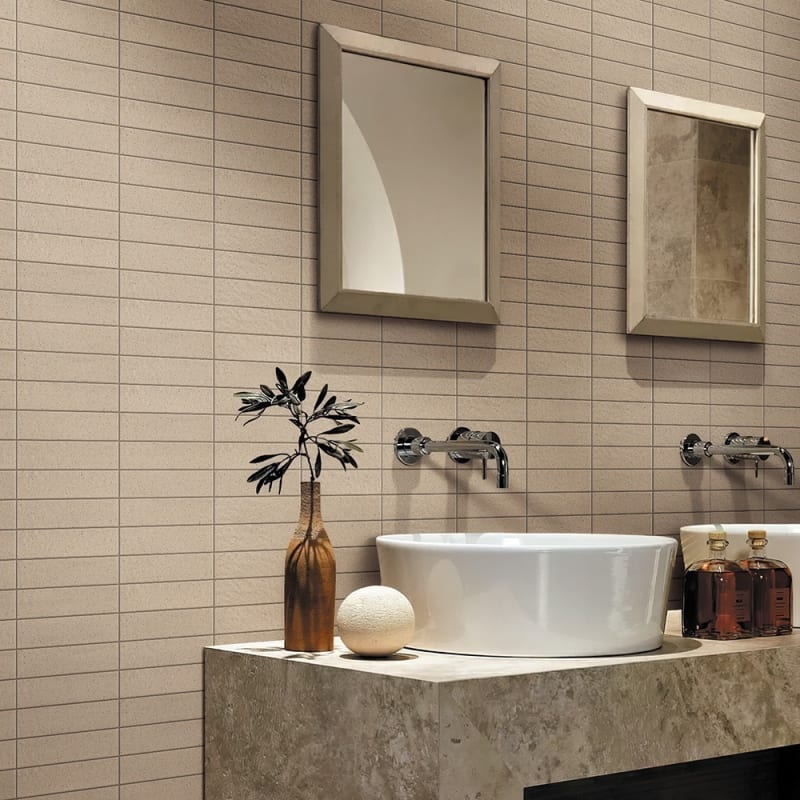 Kazoku Sabi matt-glazed porcelain Japanese mosaic in an earthy tone on a feature wall.