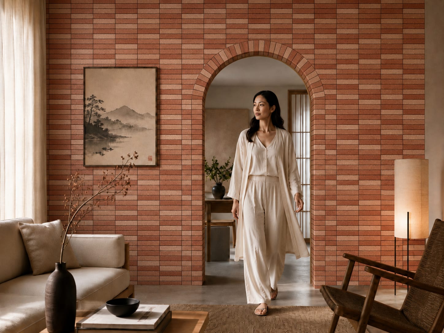 Muretti terracotta brick-look tiles styled as a warm, textured feature wall, the cover image for the Design Tiles brick-look tiles guide.