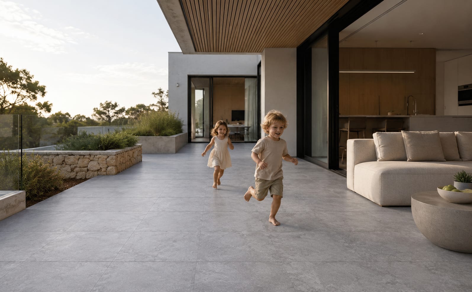 Slip ratings guide cover, a warm travertine-look porcelain floor showing surface texture and grip.