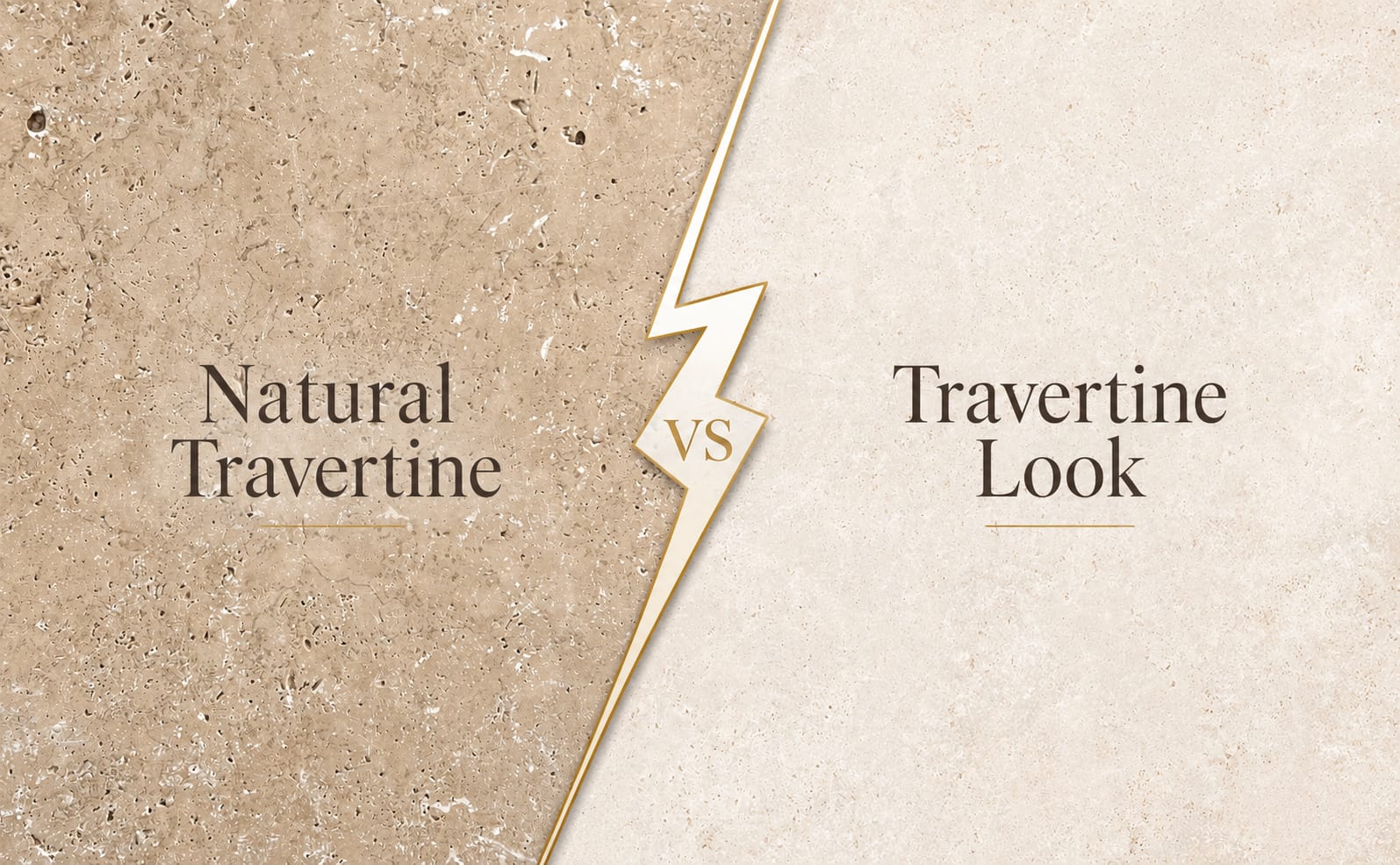 Travertine vs travertine-look porcelain, real Classic tumbled travertine beside Tivoli travertine-look porcelain in warm ivory tones.