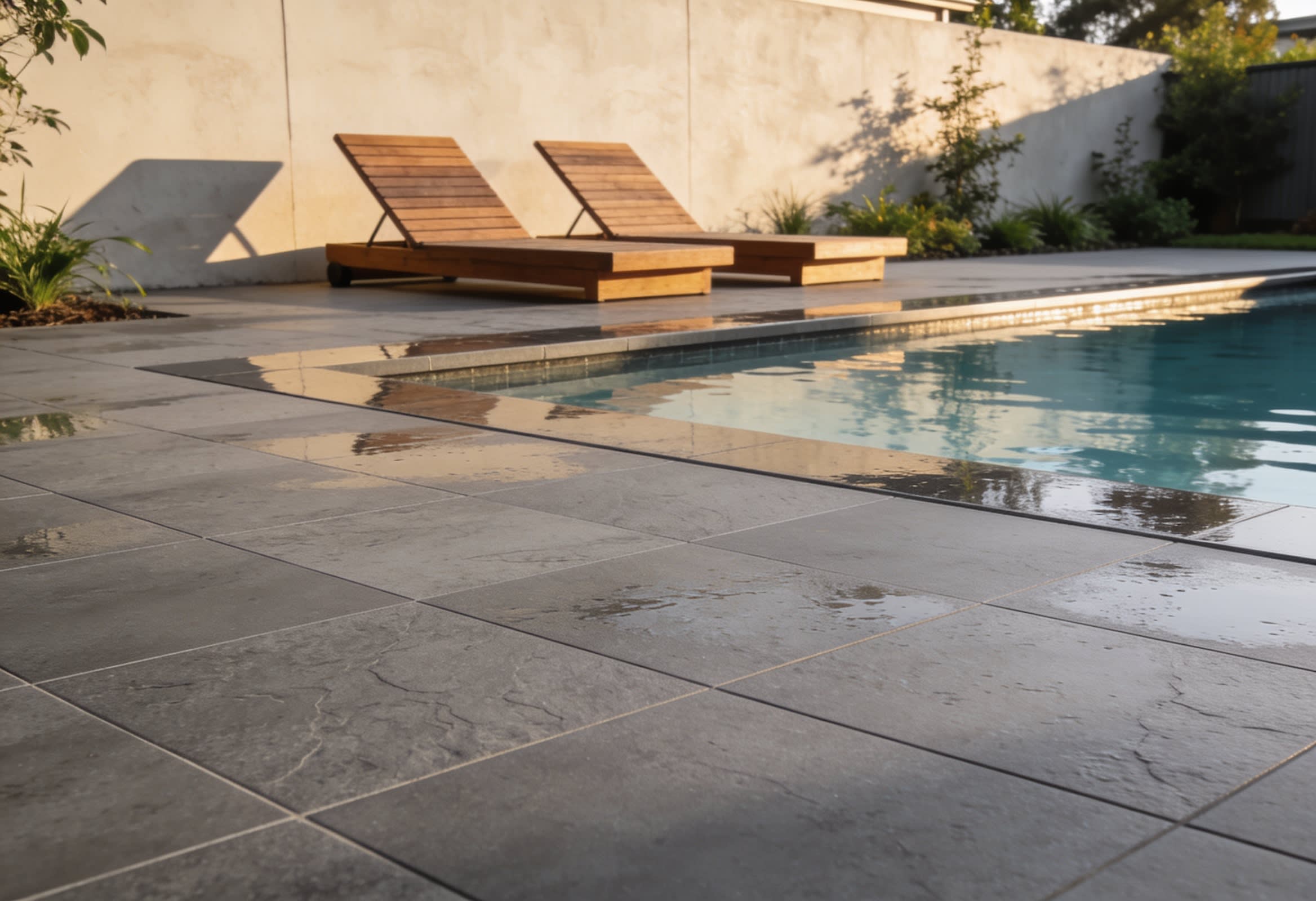 Textured outdoor porcelain tile used beside a swimming pool, suitable for a high P4 or P5 slip rating.