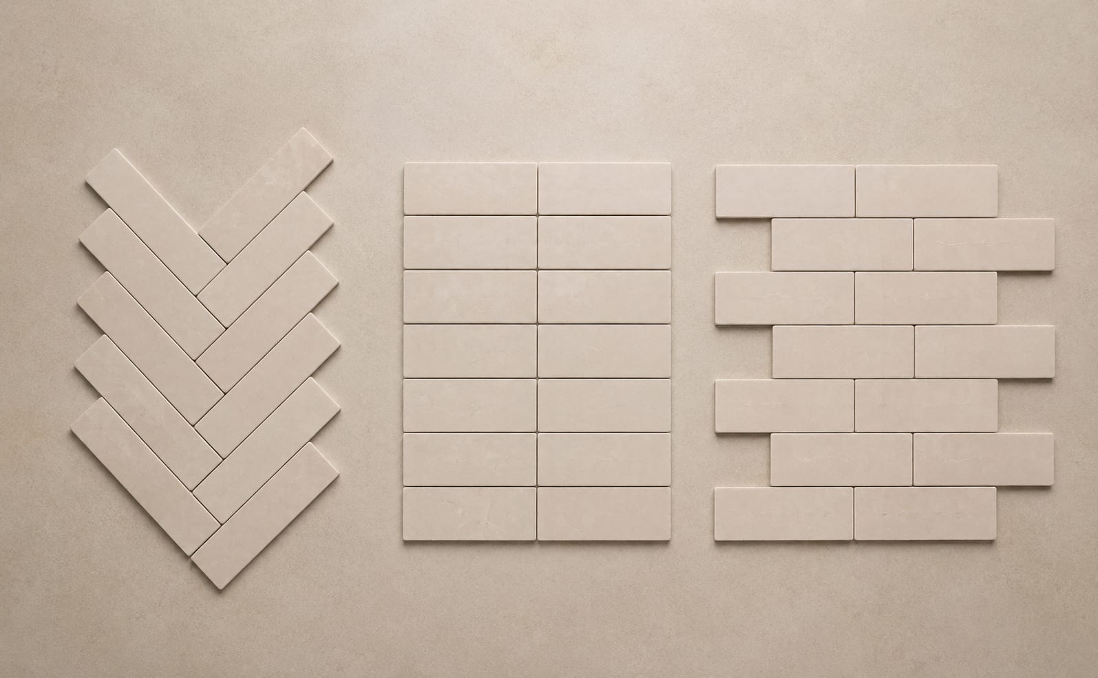 Tile laying patterns guide cover, one tile shown across several layouts including herringbone, chevron, stack and brick bond.