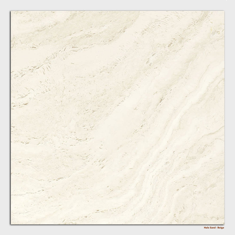 Atlas Concorde Marvel T marble-look Italian porcelain in a soft Halo Sand tone, in large format.