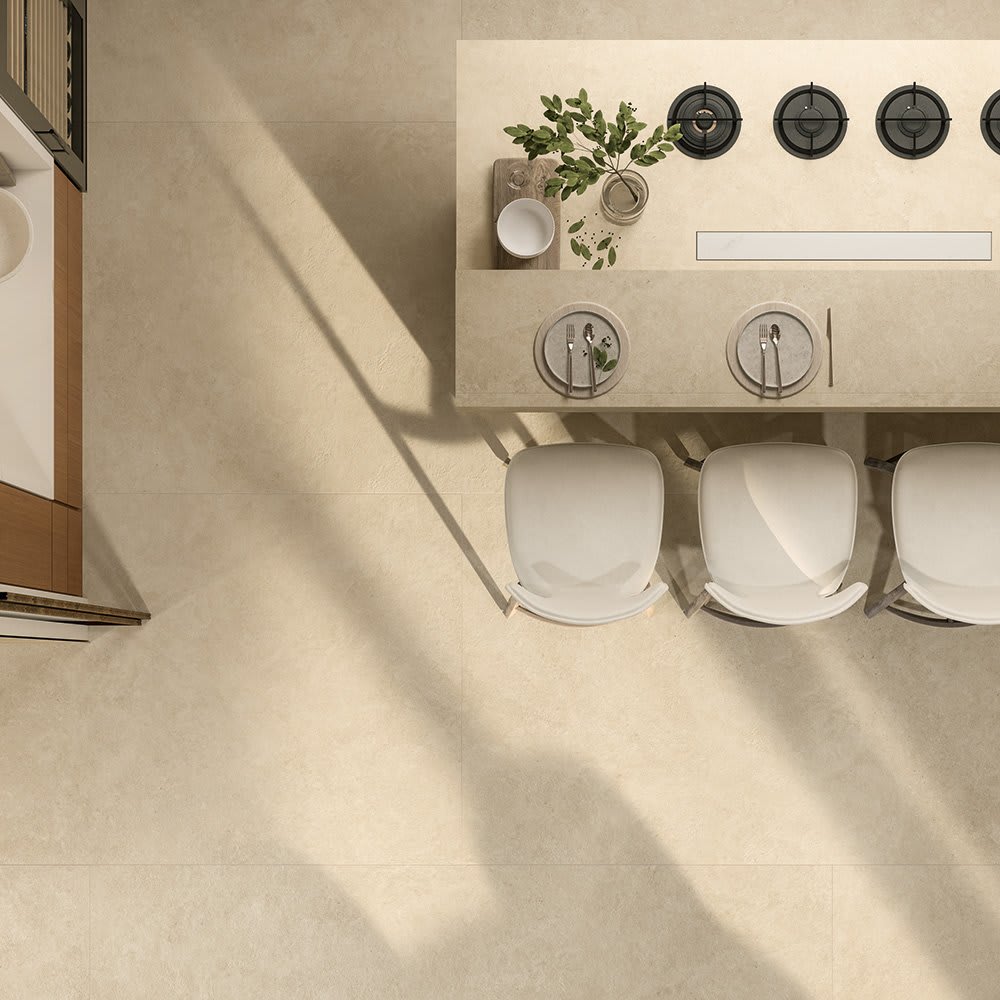 Atlas Concorde Boost Icor limestone-look Italian porcelain in a warm Dune tone.