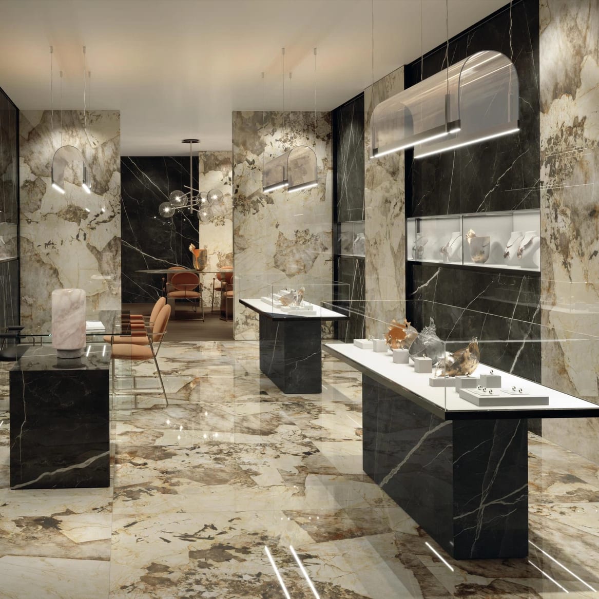 Atlas Concorde Marvel Gala glossy marble-look Italian porcelain in a large format mega slab.