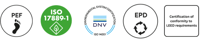 Atlas Concorde environmental certifications: PEF, ISO 17889-1, DNV ISO 14001, EPD and LEED conformity.