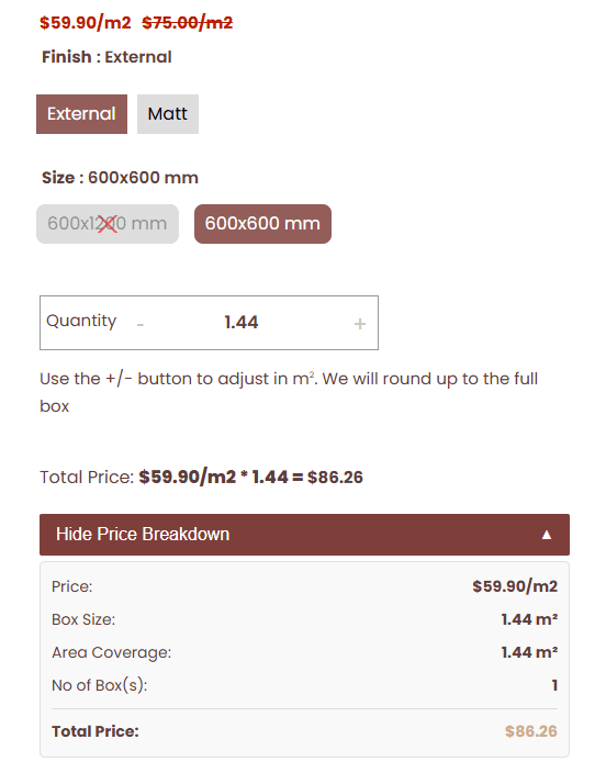 A Design Tiles product page for a 600 by 600mm tile, showing an Area Coverage of 1.44 square metres per box, with quantity entered in square metres and automatically rounded up to one full box in the price breakdown.