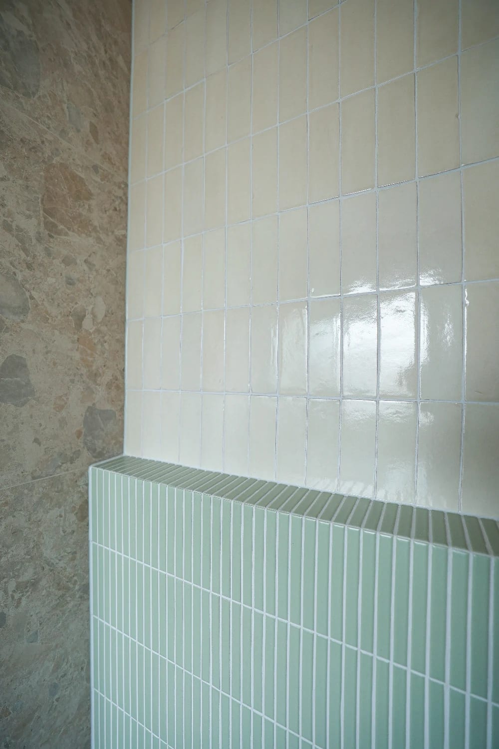 Where Zellige Natural meets Norrock Ivory - handmade ceramic against rectified porcelain.