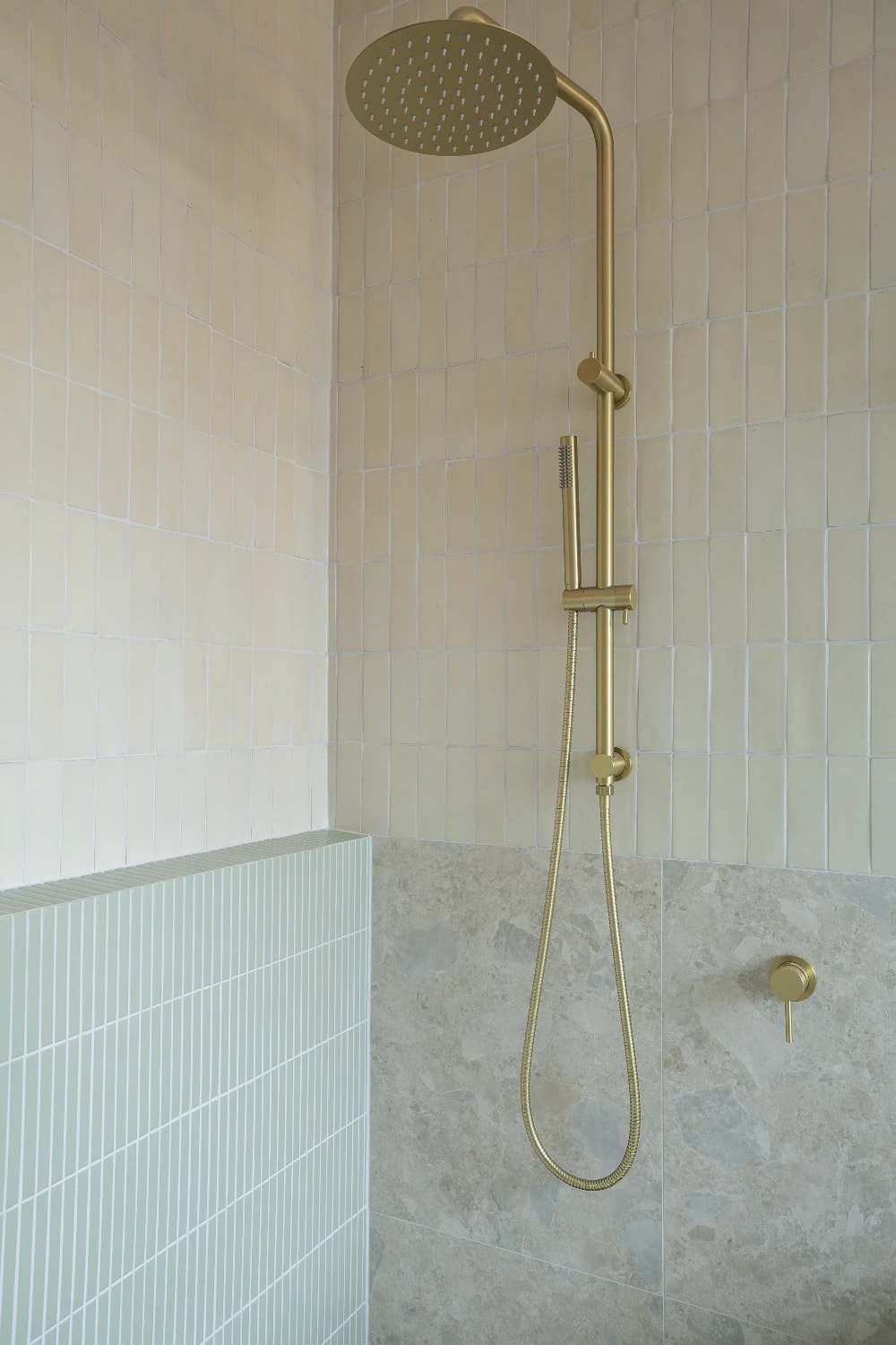Main bathroom shower - Botanica Kit Kat Soft Sage as the lower accent, Zellige Natural carrying through on the side wall.