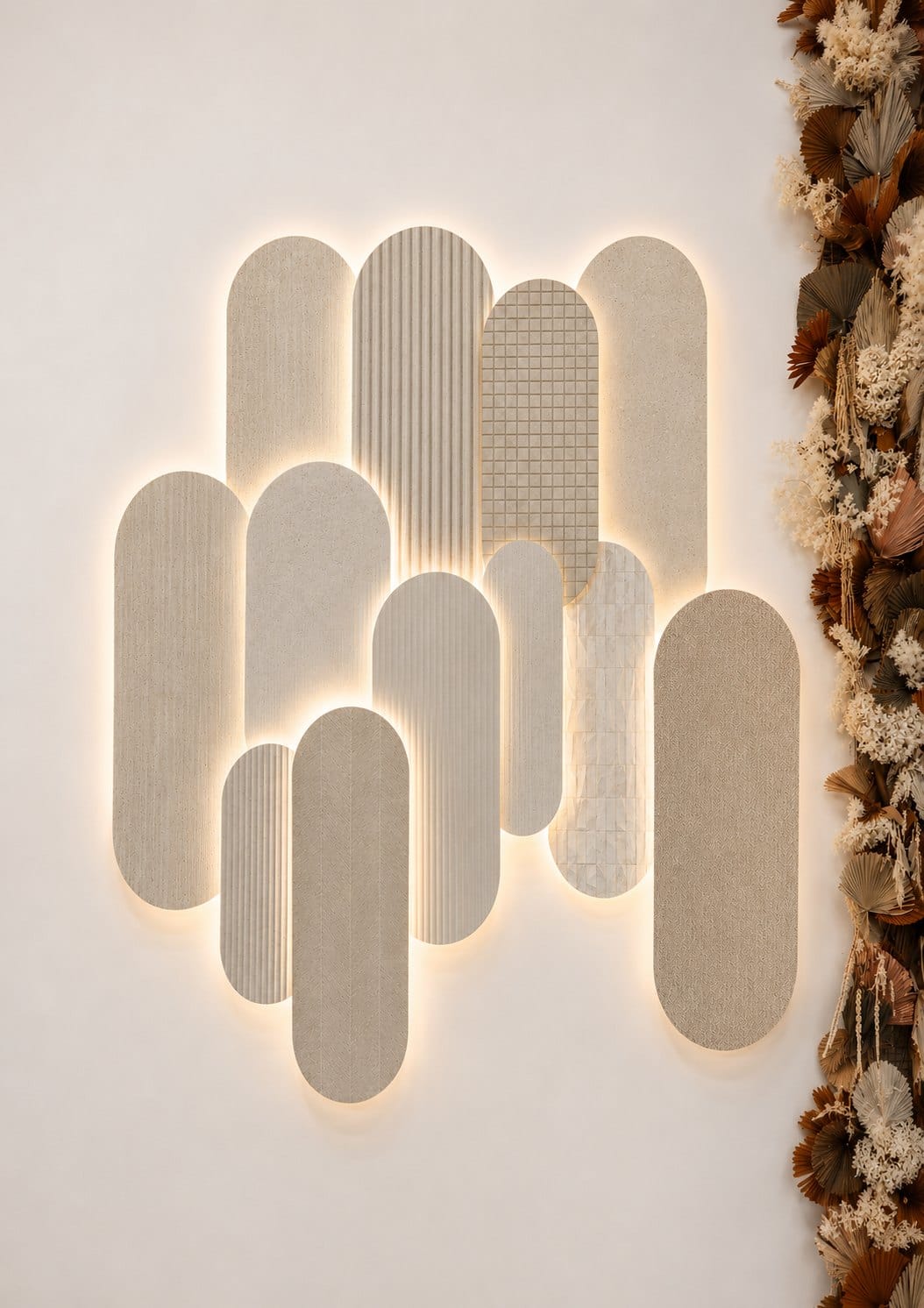 Sanctuary Textures installation, twelve arched and backlit European textured tiles in warm neutral tones, styled with dried botanicals at the Design Tiles Rockdale showroom.