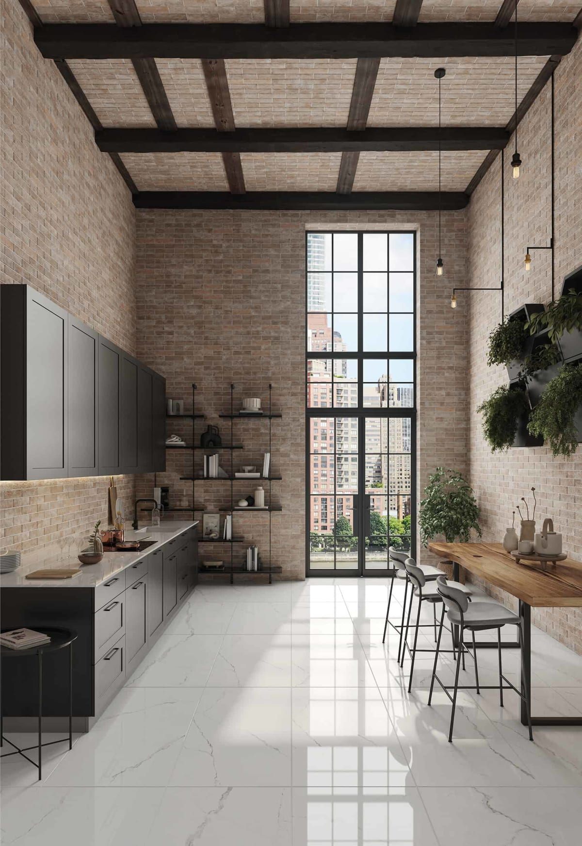 Chelsea Series brick-look porcelain in the Kings Road Cotto colourway, weathered Anglo-Saxon brick texture styled as a feature wall in a Sydney home.
