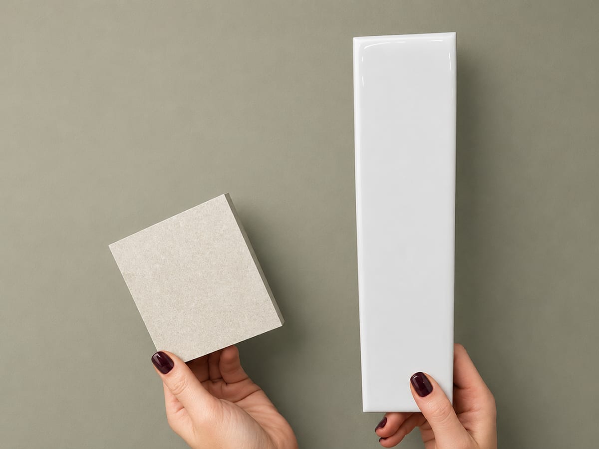 Sydney bathroom tile comparison showing Travertine Soft Stone rectified porcelain alongside Avalon White Subway ceramic tile.