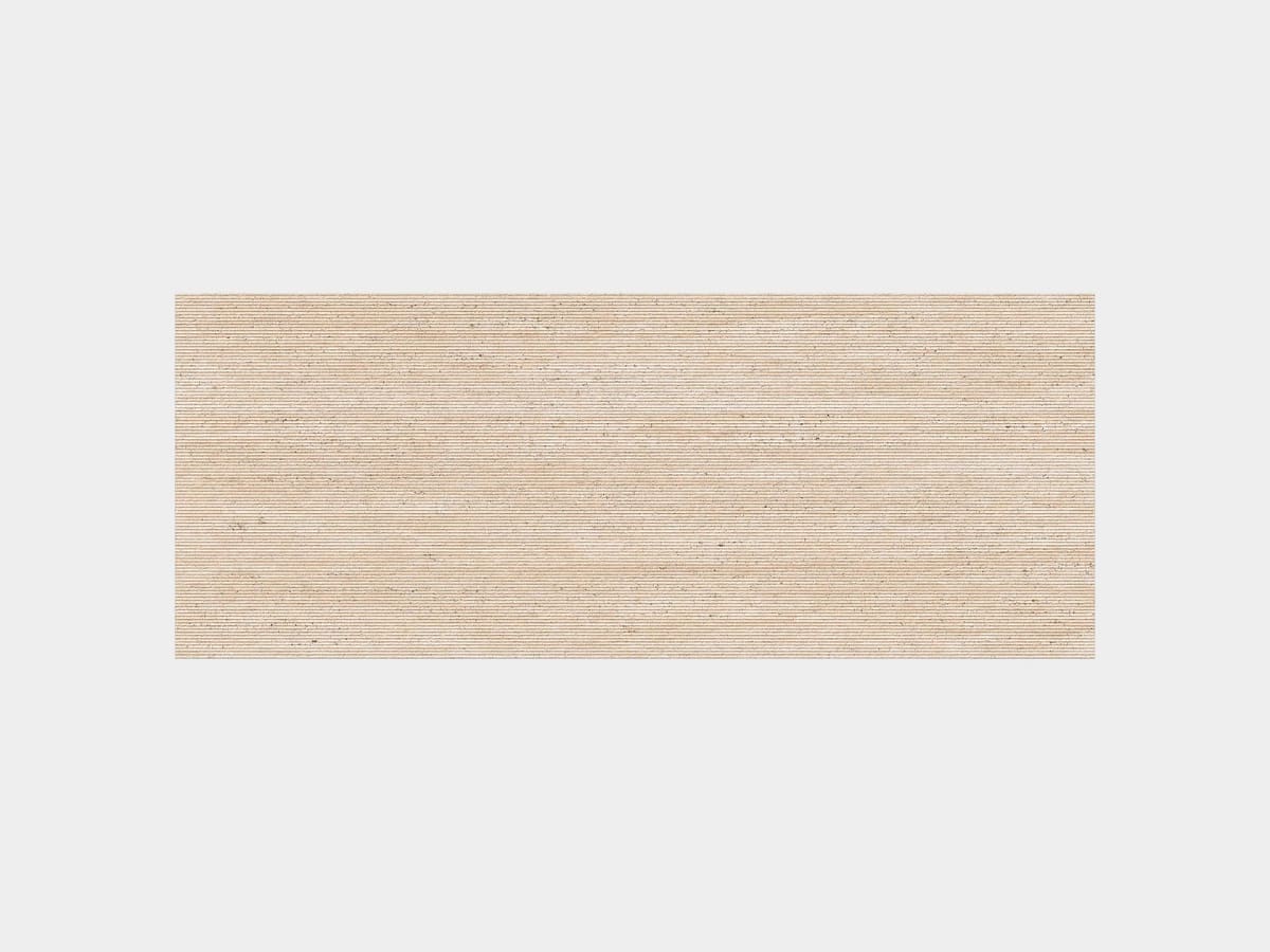 Porcelanosa Taranto Marfil Line, large-format marble-effect ceramic with a vertical relief decor.