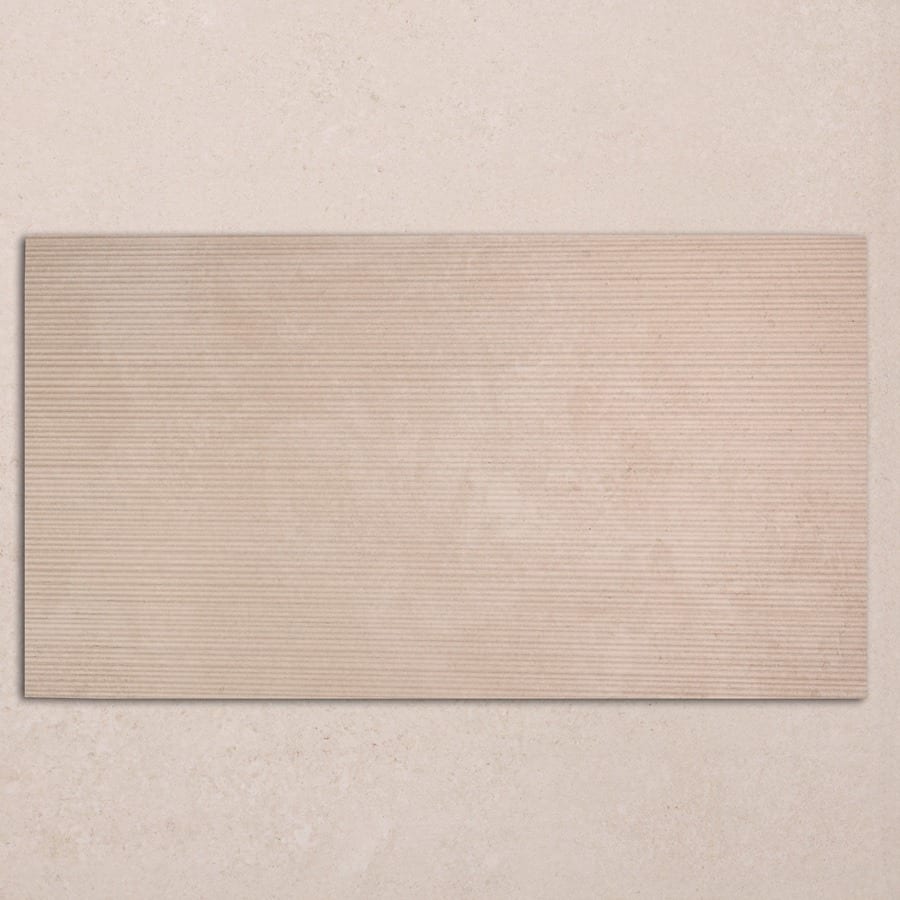Travertine Soft Stone 3D porcelain, a warm travertine-look surface with a three dimensional linear texture.