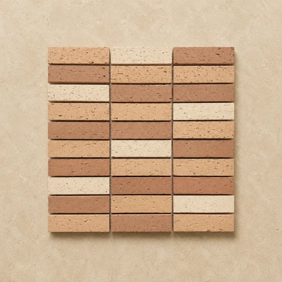 Muretti Beige Blend brick-look ceramic tile in the 27x98mm Japanese-inspired kit-kat mosaic format, soft-touch satin matt finish with natural shade variation, at Design Tiles Sydney.