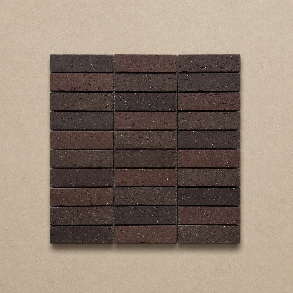 Muretti Chocolate Blend brick-look ceramic tile in the 27x98mm Japanese-inspired kit-kat mosaic format, deep warm brown tone in a soft-touch satin matt finish, at Design Tiles Sydney.