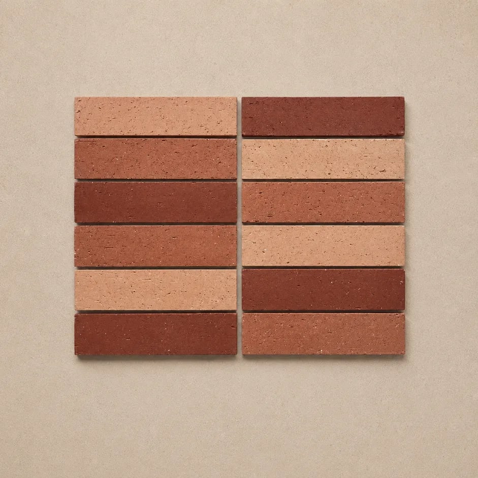 Muretti Terracotta Blend brick-look ceramic tile in the 60x240mm brick format, warm earthy Mediterranean terracotta tone in a soft-touch satin matt finish, at Design Tiles Sydney.