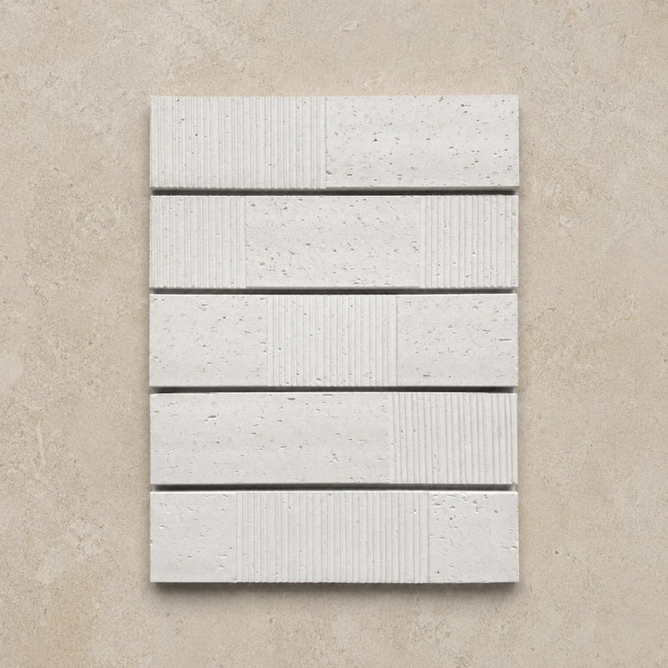 Muretti White Décor brick-look ceramic tile in the 60x240mm brick format, soft-touch satin matt finish with a fluted, ribbed texture pattern, a Mediterranean-style feature wall and splashback tile at Design Tiles Sydney.