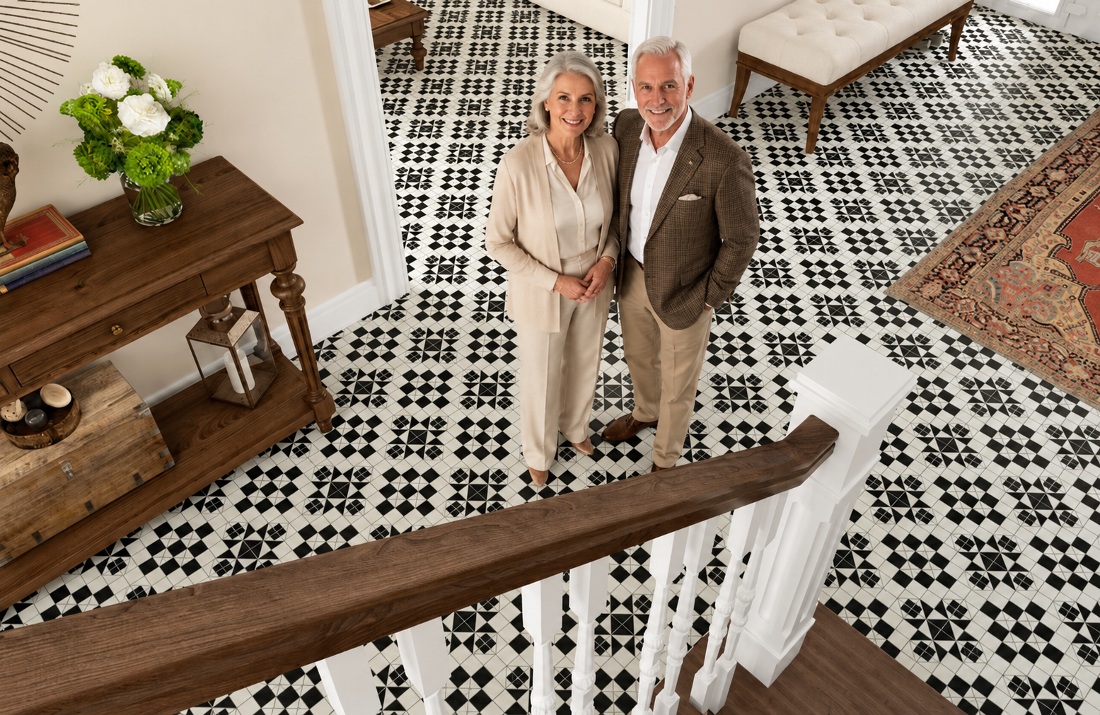 A green floral pattern tile floor running through a heritage timber doorway into a green-tiled Mediterranean-style kitchen in a Sydney home.