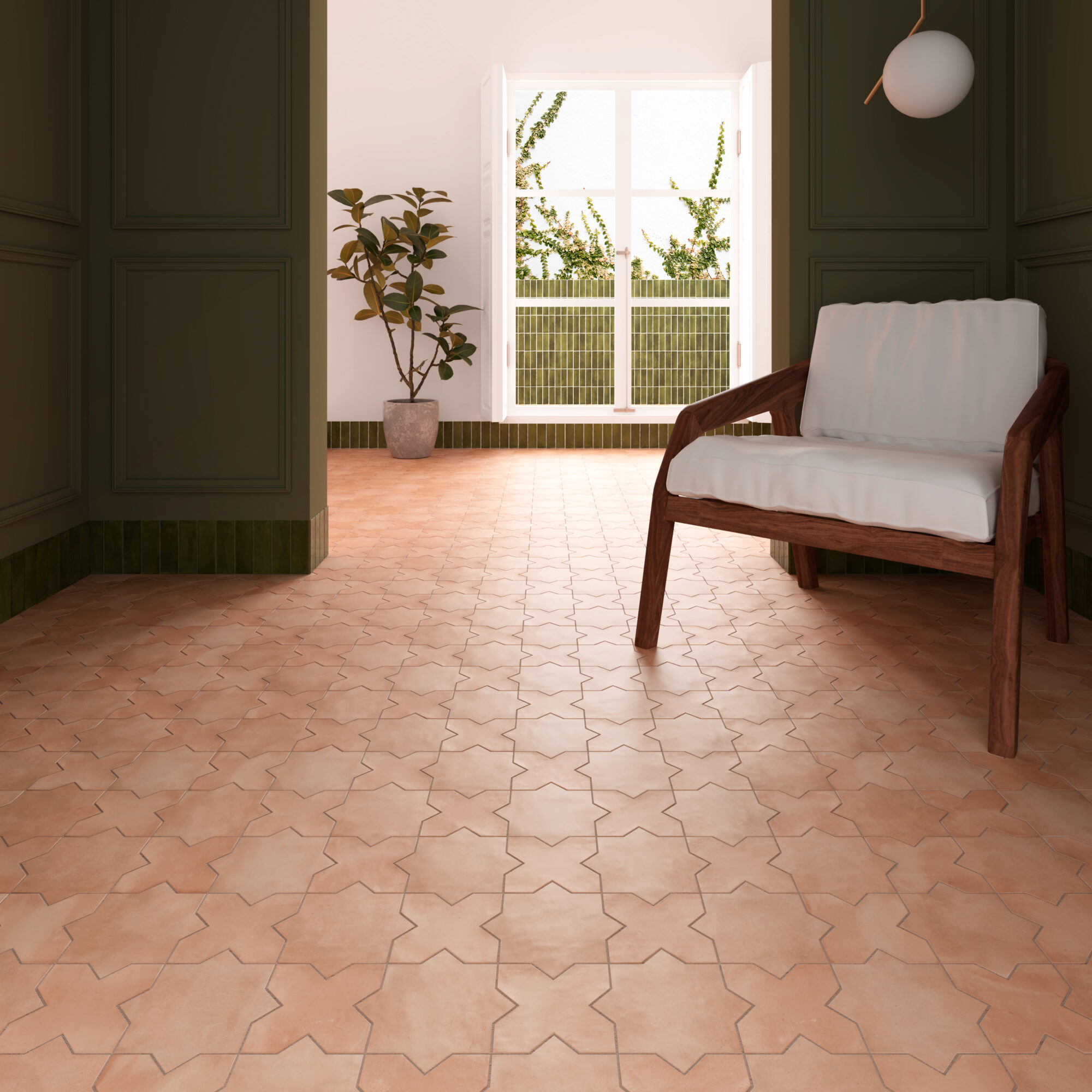 Kasbah Series terracotta star-pattern porcelain in a Moroccan-inspired Sydney living room, arabesque geometry in warm terracotta, a feature floor and wall tile.