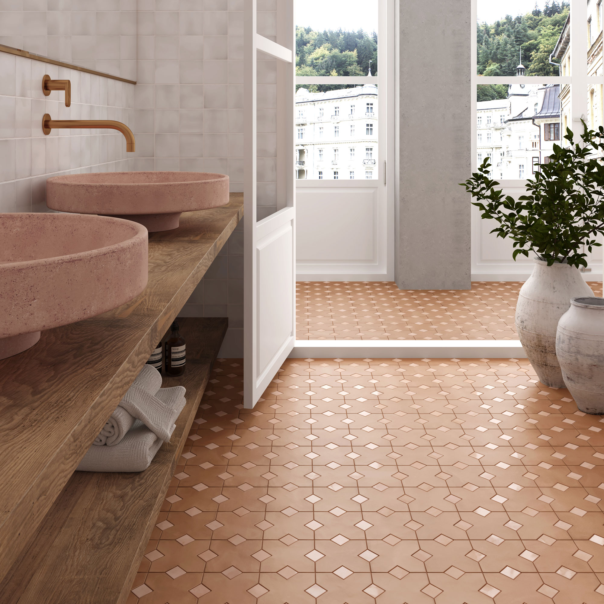 A Sydney bathroom featuring the Kasbah Series terracotta tile with an orchard-pink taco detail, warm Moroccan-inspired terracotta as a characterful bathroom feature.