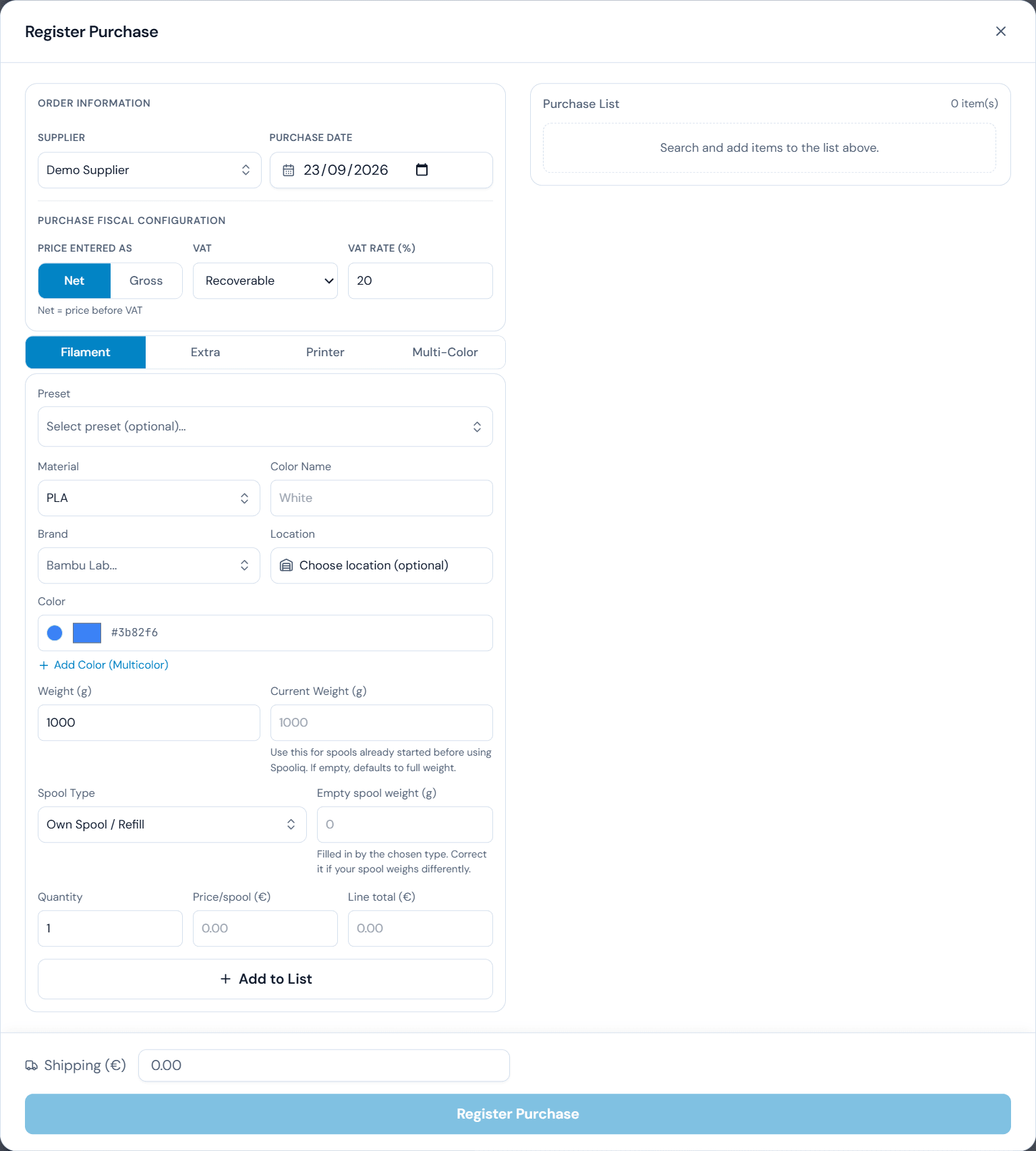 Register Purchase dialog showing order information, purchase fiscal configuration, item entry tabs, the purchase list, and shipping.