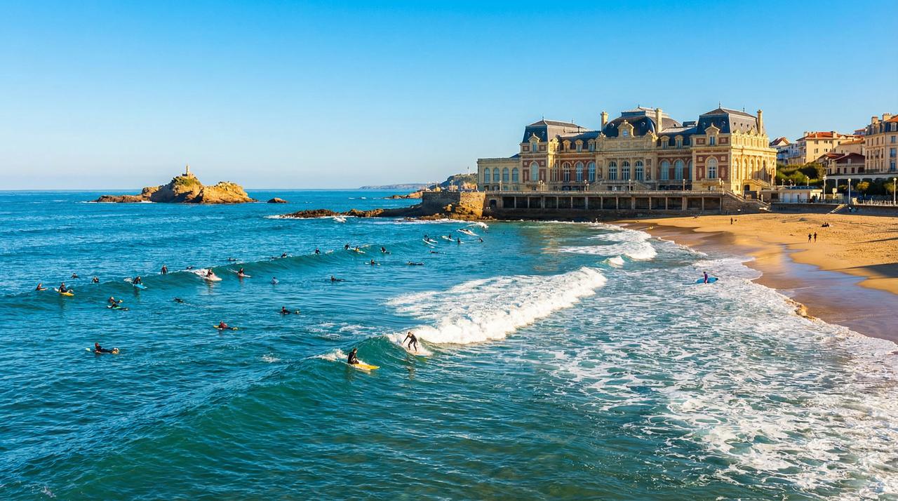 Biarritz — Grande Plage com o Casino Municipal ao fundo, dezenas de surfistas na água