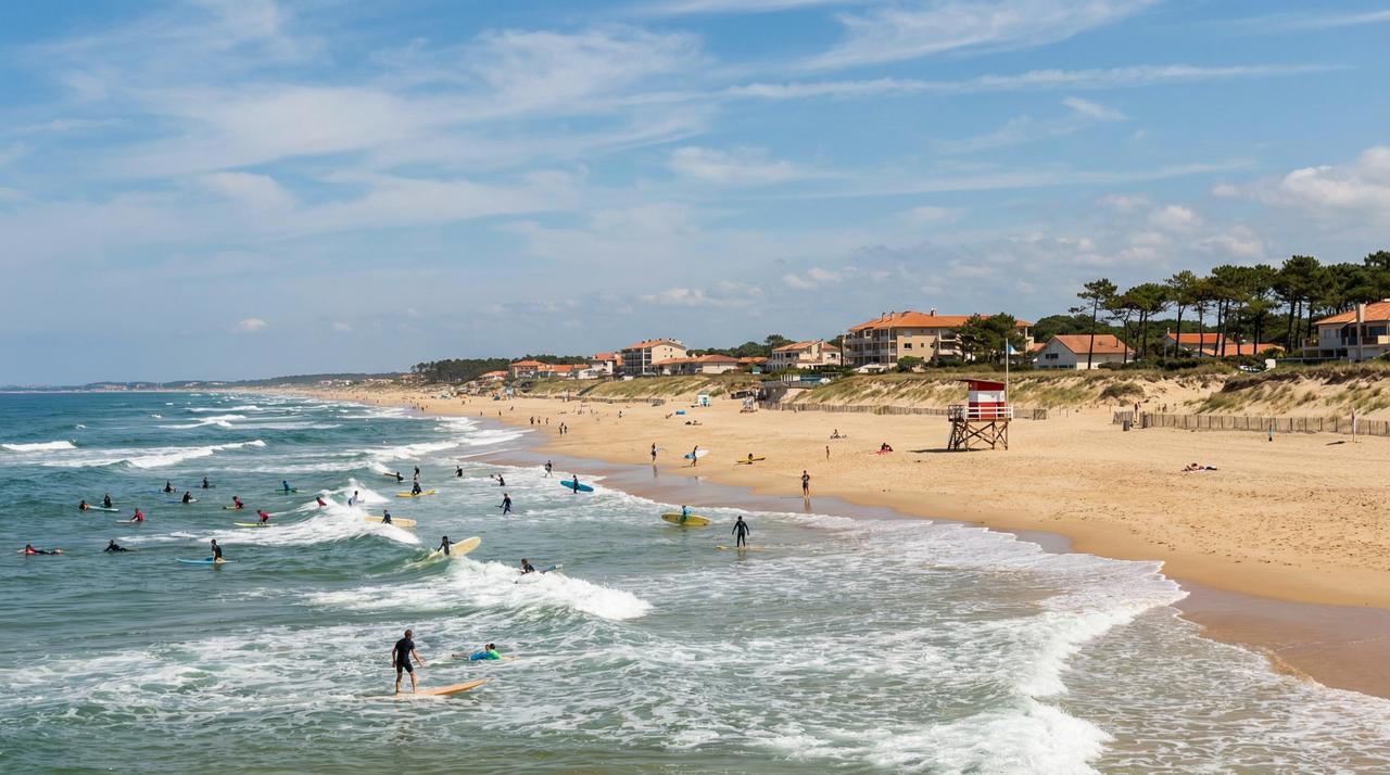 Lacanau Ocean — praia atlântica com surfistas e torre de salva-vidas
