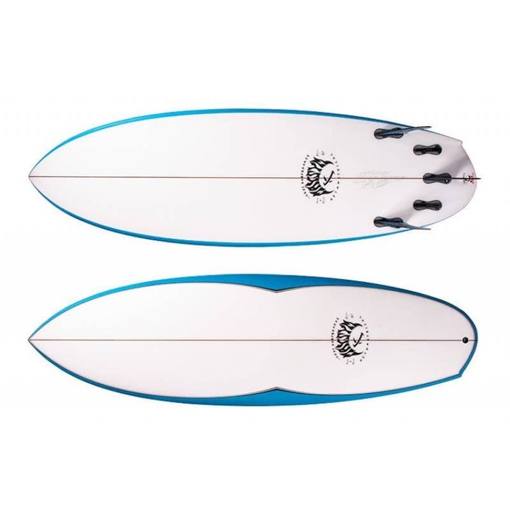 An asymmetrical surfboard showing the different outline shapes on each rail