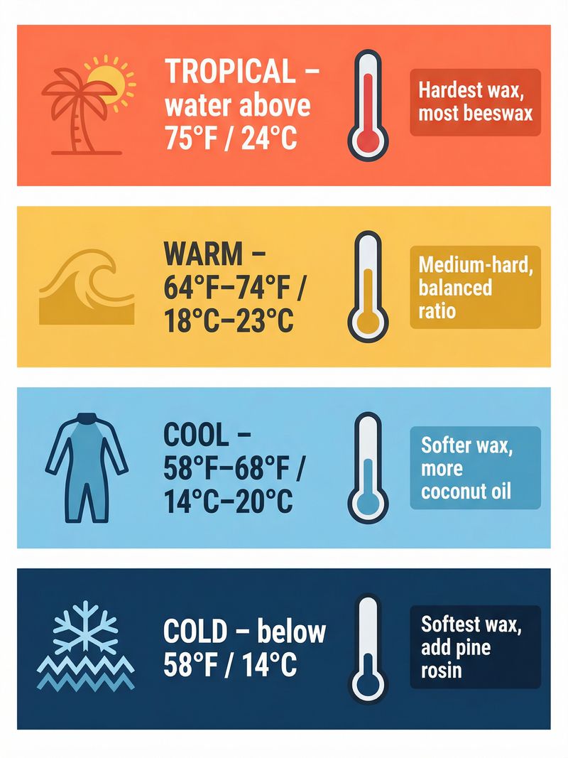 Surfboard wax temperature guide — tropical, warm, cool, cold water