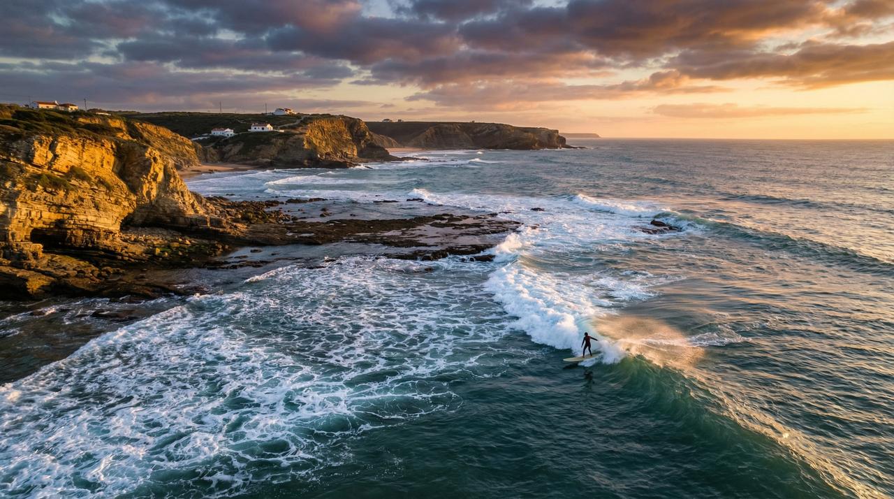 Surfer riding a wave at golden hour on the Portuguese Atlantic coast