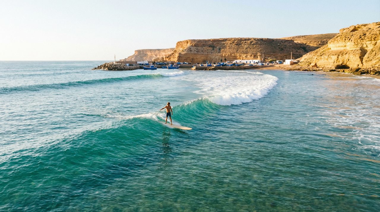 Longboarding at Imsouane Bay, Morocco