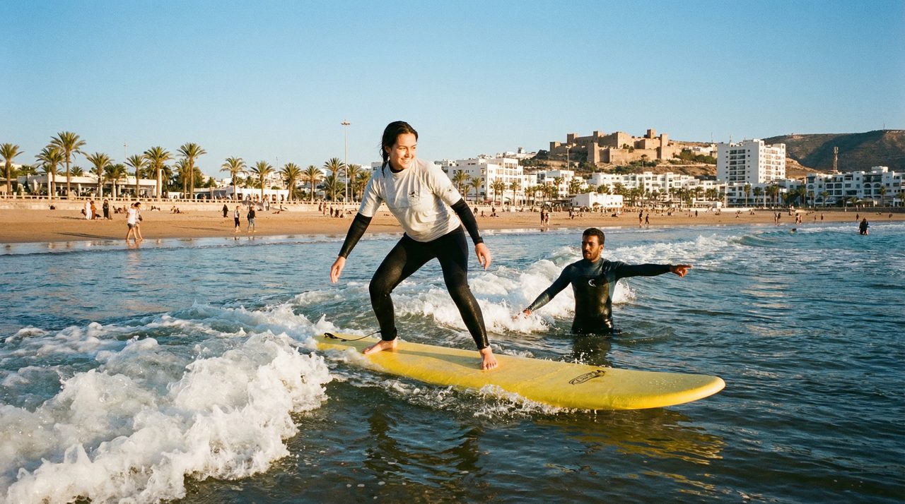 Beginner surf lesson at Agadir Beach, Morocco