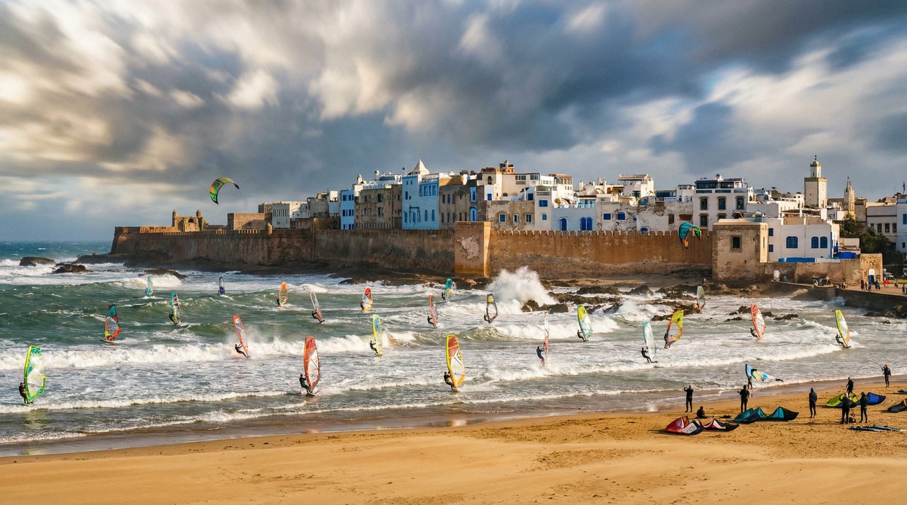 Windsurfers at Essaouira with the medina walls, Morocco