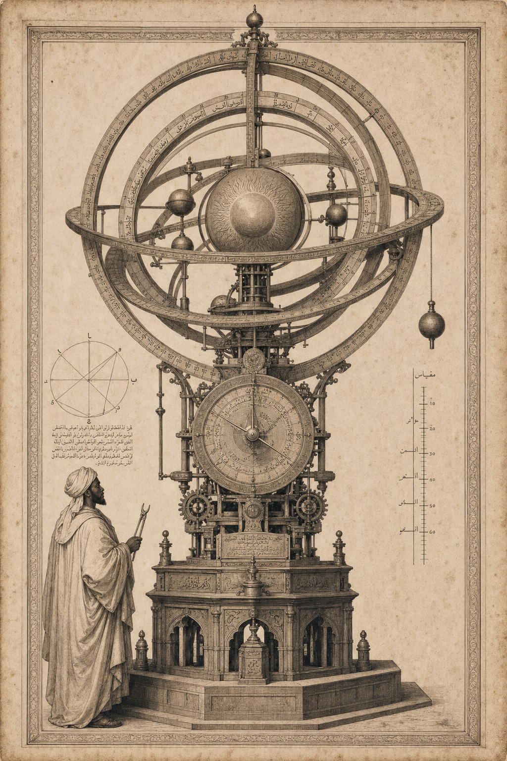 Monumental engraved celestial architect instrument operated by a Moorish astronomer